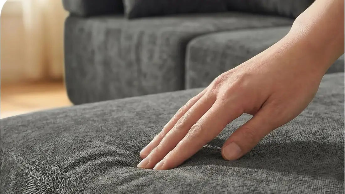 Close view of hand touching Monvane sofa upholstery