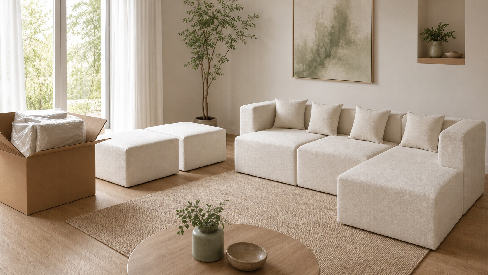 Plain-box delivery, modular sofa setup, and the finished Monvane sofa