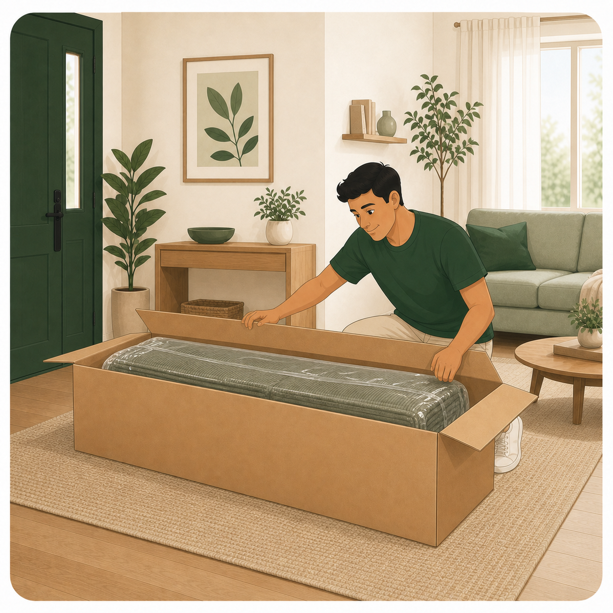 Illustration of one person opening a plain long sofa carton with a compressed sofa sealed in a clear bag