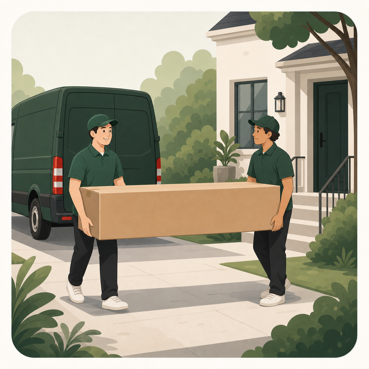 Illustration of two delivery helpers carrying a plain long sofa carton