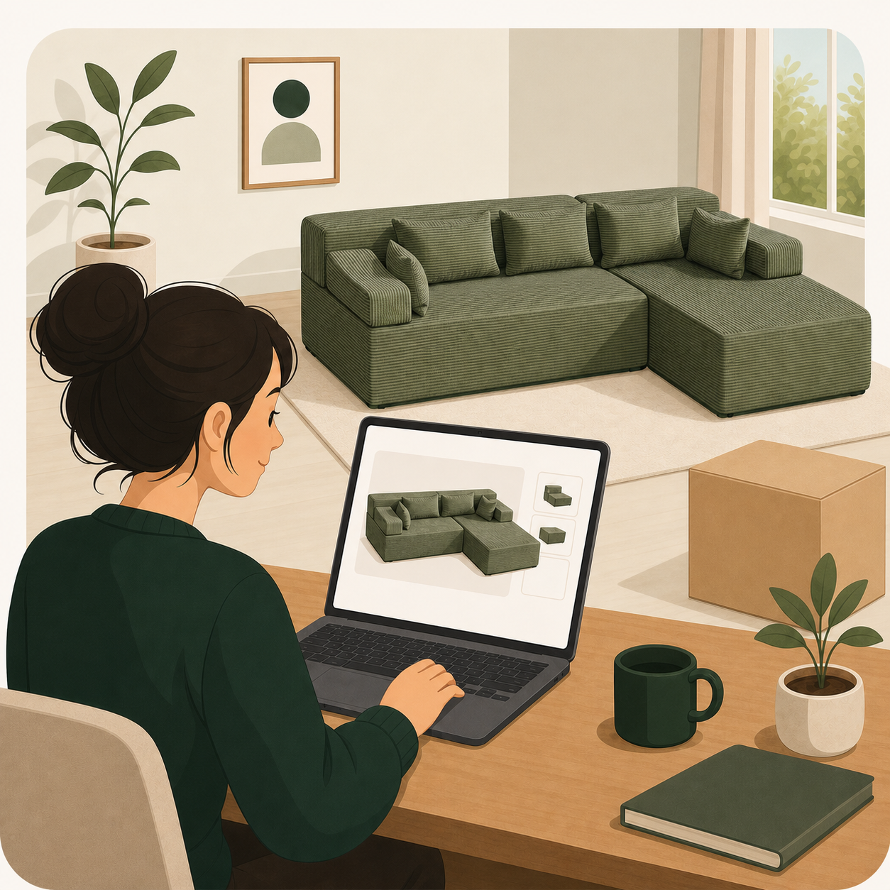 Illustration of a customer ordering a green L-shaped corduroy sectional sofa online