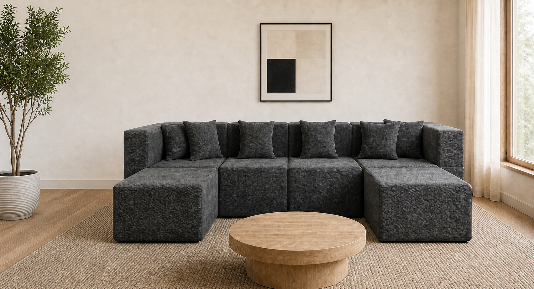 Dark grey Monvane U-shaped modular sofa in a warm living room